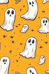 Sticker - Festive halloween design: adorable cartoon ghosts floating on an orange background in a seamless pattern