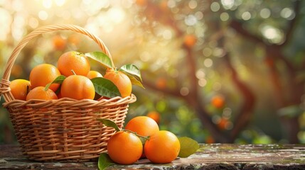 Basket of oranges with blurred orange tree background. AI generated image