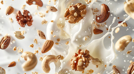 Assorted nuts fall into the milk. Milk splash is mixed with almonds, cashews and walnuts on a white background. A healthy protein snack