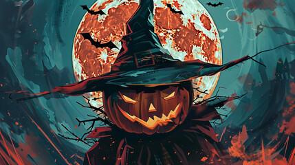 Wall Mural - Scarecrow jack-o'-lantern with witch hat in front of a full moon and flying bats