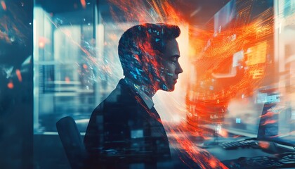 Man Silhouetted Against a Blurred Digital Interface