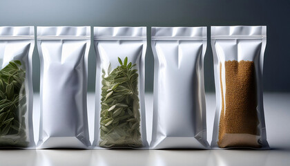 white doypacks designed for storing and selling protein powder storing and selling herbs and spices