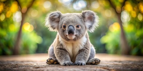 A cute koala bear with a large black nose and big eyes sitting on the ground