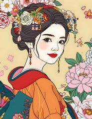 Vibrant Kimono-Clad Asian Beauty in Floral