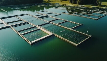 Fish farming ponds in the sea water ocean blue aerial view