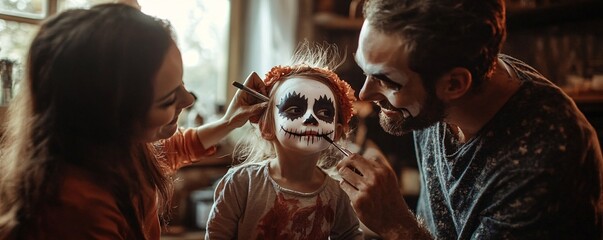 Wall Mural - Young family is applying halloween makeup to their daughter at home