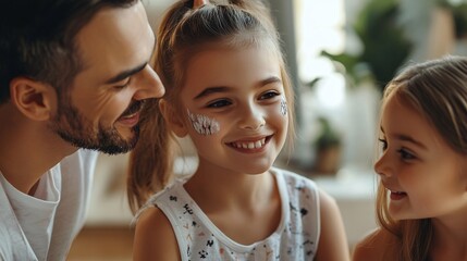 Wall Mural - Father and his daughters enjoying a fun day at home with face painting activities