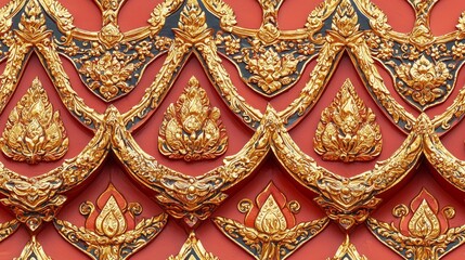 A seamless pattern of Thai temple roof designs with intricate detailing in gold and red