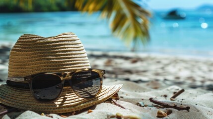 Straw hat and sunglasses on the beach at beautiful summer time. ai generated image