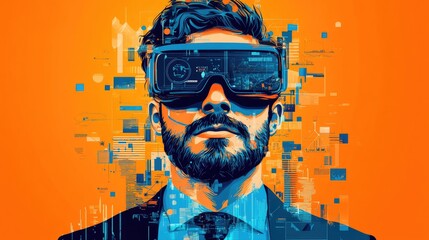 Wall Mural - Futuristic Man with VR Headset in Digital Technology Concept Art on Orange Background