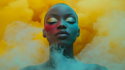 Wall Mural - Woman with colorful makeup in yellow and green smoke.