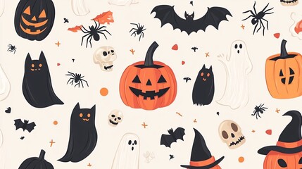 Wall Mural - Seamless pattern with black cat, pumpkin, bat, spider and ghost celebrating halloween on beige background