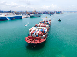 the aerial perspective of a cargo ship being loaded and unloaded at a bustling seaport and sailing out of the mainland