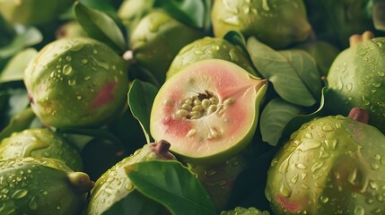 Wall Mural - Fresh red guavas with green leaves on wooden demolition background.