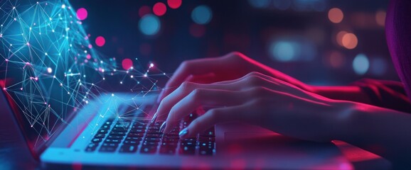 Woman Typing on Laptop with Neon Lights and Abstract Connections