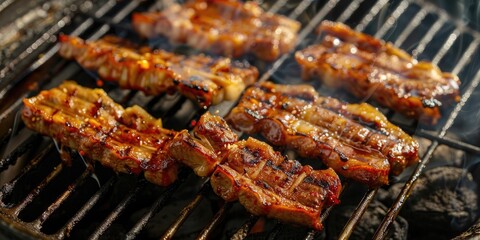 Poster - Pork slices sizzle on a charcoal grill prepared in the Korean or Japanese BBQ style