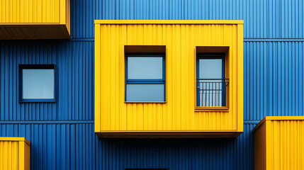 Yellow and blue metal building with windows and balcony.