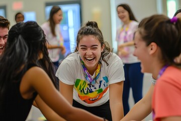 A group of freshmen is participating in team-building activities during college orientation. The atmosphere is friendly