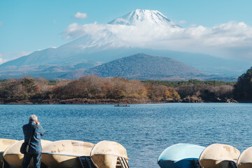 Mount Fuji at lake Shoji near Kawaguchiko, one of the Fuji Five Lakes located in Yamanashi, Japan. Landmark for tourists attraction. Japan Travel, Destination, Vacation and Mount Fuji Day concept