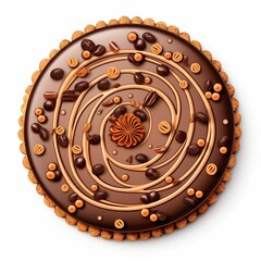 Wall Mural - Fully decorated a chocolate pastry cake top view, fully round cake isolated on white background