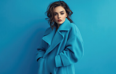 Canvas Print - woman in a cobalt blue oversized coat, posing with her hands on the collar and her arms by her side, against a dark royal-blue background