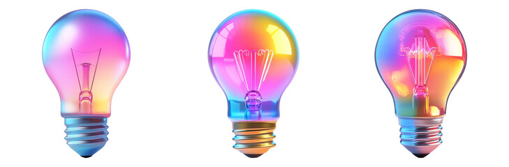 Gradient light bulbs with colorful designs set isolated on transparent background