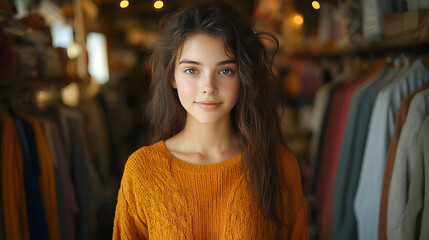 Poster - Young woman in an orange sweater, smiling, in a clothing store.