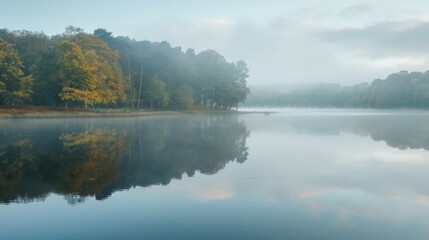 Wall Mural - Misty morning at a tranquil lake with still water and reflection of surrounding trees.