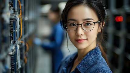 Poster - Young woman in glasses looks directly at the camera in a server room.