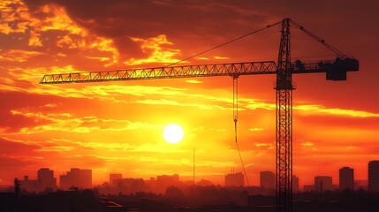 Wall Mural - Construction Crane Silhouette Against a Dramatic Sunset