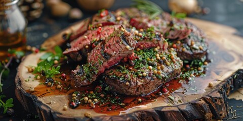 Poster - Pepper Crusted Beef Steak Cooked to Perfection Served with Herbs and Spices on a Rustic Wooden Platter