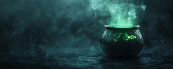 Witch's cauldron is smoking with a green potion in a dark scary atmosphere