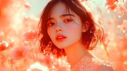 Wall Mural - Young woman with brown hair looking to the side, standing in a field of flowers, with a soft, natural glow.