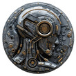 © North - Intricate futuristic cybernetic art featuring a detailed mechanical human head integrated with circuits and gears in a circular design.