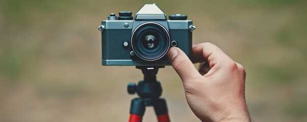 Wall Mural - A person is holding a camera with a lens and a tripod