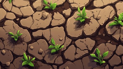 Wall Mural - Cracked Earth with Green Plants  Nature Texture  Ground Background