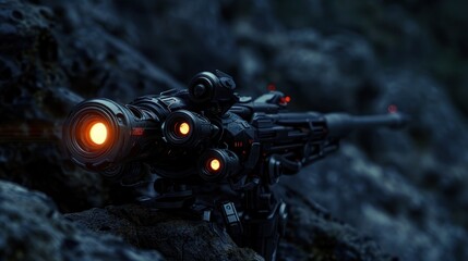 Big gun robot shines on dark rough stone background. ai generated image