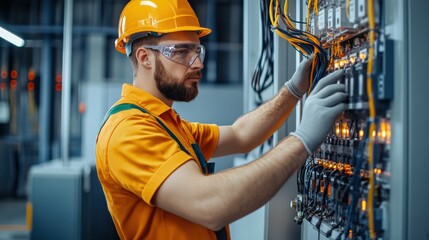 A man in a yellow safety vest is working on electrical equipment