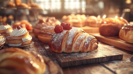 A close-up of 3D-rendered organic pastries with vintage textures in a warm bakery setting