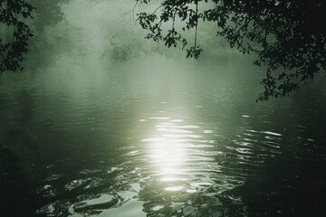 Sticker - Serene Mist-Shrouded Pond with Sunlight Reflection