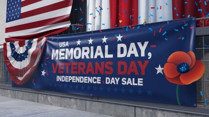 USA Memorial Day, Veterans Day, Independence Day Sale Banner with Flags, Ribbon, Confetti Stars