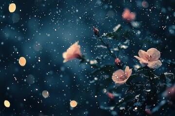 Wall Mural - Delicate Pink Flowers Amidst Falling Snow and Glimmering Lights