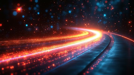 Abstract glowing trail of light on dark surface with red and blue bokeh