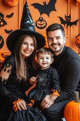 Wall Mural - Family in halloween costumes posing for a spooky background photo