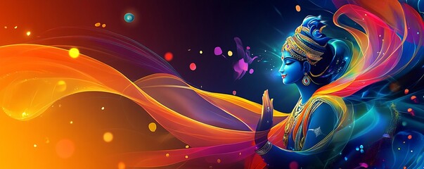 Lord krishna praying against a vibrant abstract backdrop, a stunning visual representation of spirituality