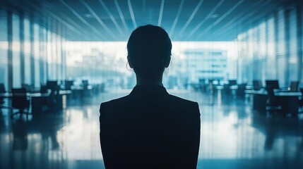 A woman is standing in a large room with a blank wall behind her