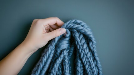 A hand is holding a blue yarn with a knot in it