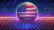 © hattaya - American Dream 80s: A vibrant and futuristic image of the American flag as a sphere, set against a retro 80s landscape with a neon grid and starry night sky.  A nostalgic and inspiring vision of the U