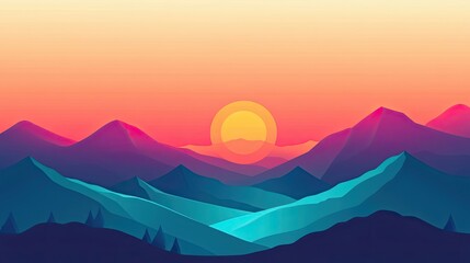 Canvas Print - Sunset over a mountain range with a large yellow sun