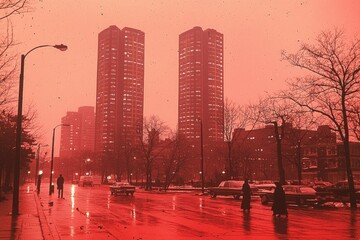 Canvas Print - Cityscape with Red Sky and Wet Streets